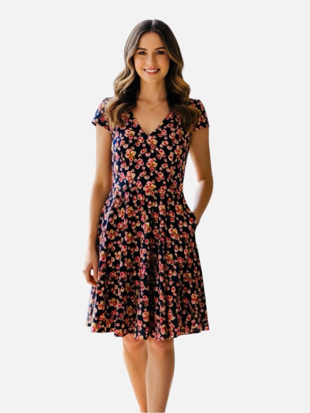 Betsey Johnson black Floral V-Neck fit and flare dress Y2K, cottage core